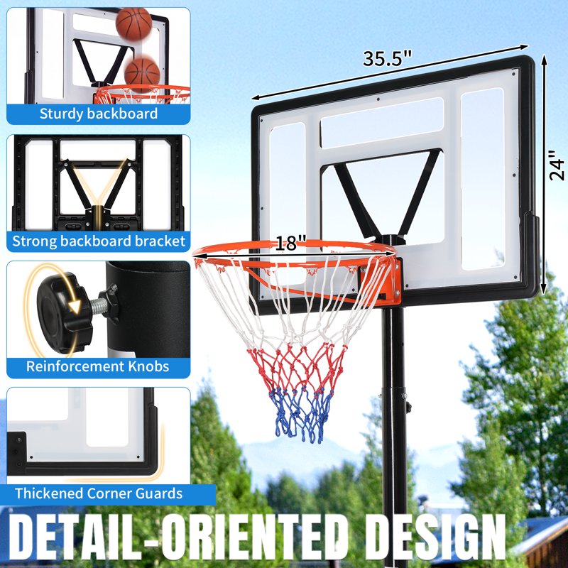 Portable Adjustable Basketball Hoop System - 8ft-10ft Height, 35in Backboard, Wheels for Indoor Outdoor Play