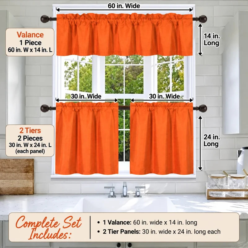 3-Piece Faux Silk Blackout Kitchen Curtain Set - Room Darkening Window Treatment