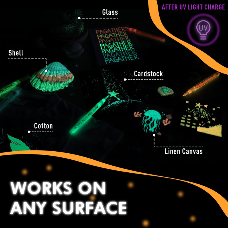 Glow in the Dark Neon Markers Set - 8 Fluorescent Paint Pens for Rock, Fabric, Glass & Wood
