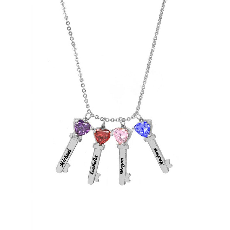 Personalized Family Key-Shaped Charm Pendant with Birthstones - Custom Gift