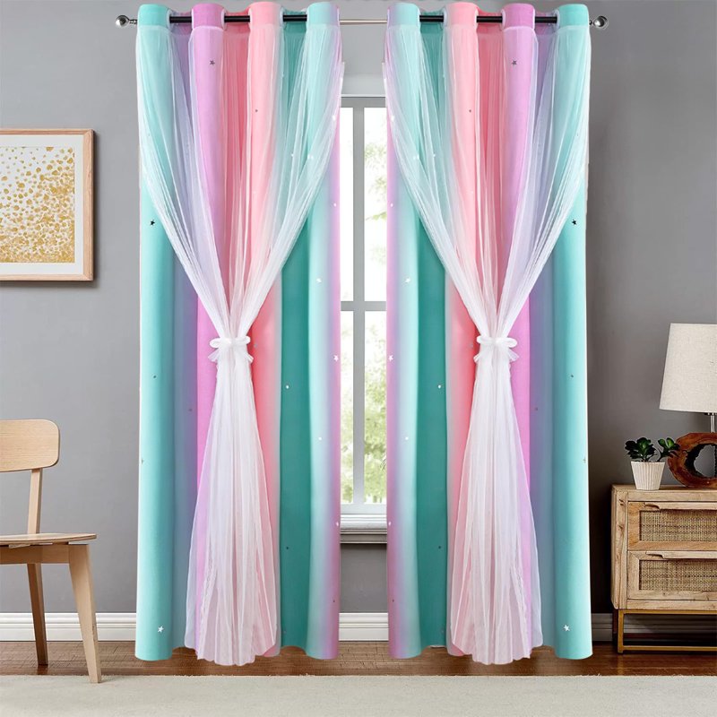 Double-Layer Blackout Rainbow Ombre Glitter Star Window Curtains 39×51 Inch