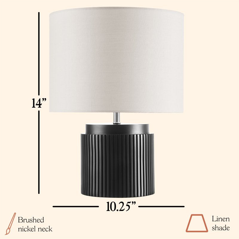Modern Black Faux Wood 14-Inch Table Lamp with Linen Shade