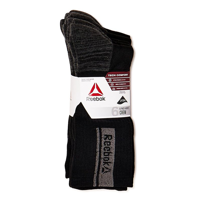 Reebok Tech Comfort Crew Socks 6-Pack – Black & Red, Size 6-12.5