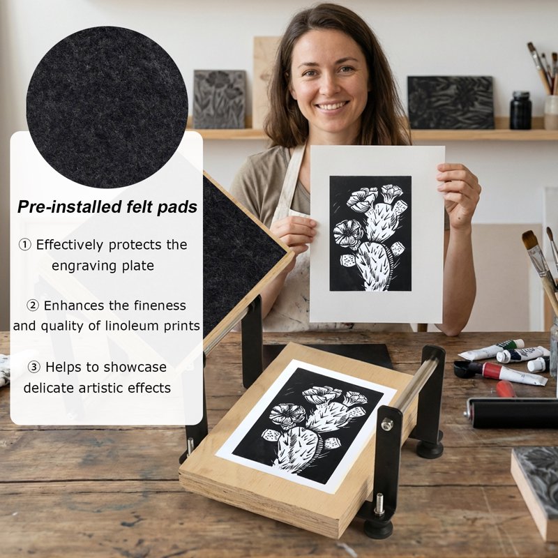 A4 Linocut Printing Press Machine with Rubber Roller & Felt Pads for Art & Craft