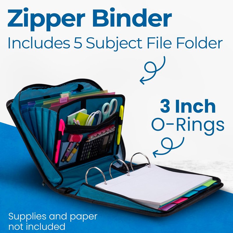 3-Inch Zipper Binder with 5-Tab Expanding File and Shoulder Strap