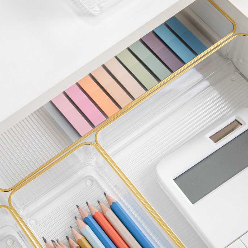 Stackable Drawer Organizers Set of 5 with Gold Trim - Clear Plastic, Various Sizes
