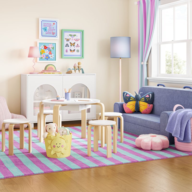 Kids Iridescent Floor Lamp with Aqua Fabric Shade - Playroom & Bedroom Light