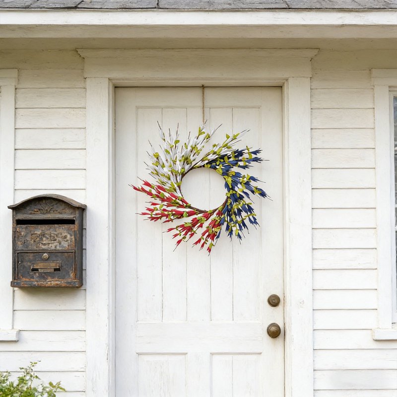 Patriotic 4th of July Wreath - Red White Blue Artificial Foliage for Front Door Decor