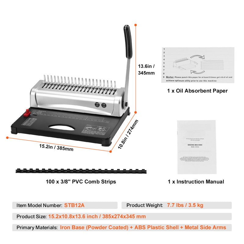Comb Binder with 21 Holes, 450-Sheet Capacity, Includes 100 Spines - Compatible with Letter, A4, A5