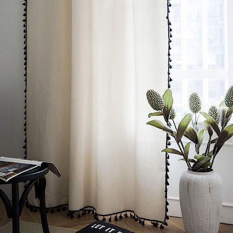 Boho Cotton Linen Window Curtain with Black Tassels - 102 Inch Beige Panel