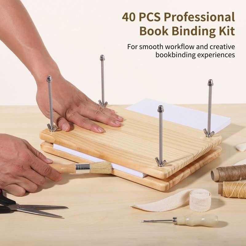 Professional Book Binding Kit with Wooden Press & Tools - 40 Pieces for DIY Repair & Creative Projects
