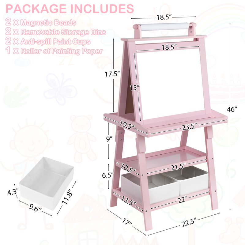 3-in-1 Kids Art Easel with Whiteboard Chalkboard and Paper Roll - Pink, Grey, White, Coffee