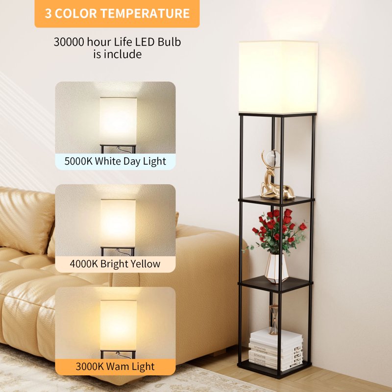 63-Inch Floor Lamp with Shelves - Adjustable Color Temperatures & Storage