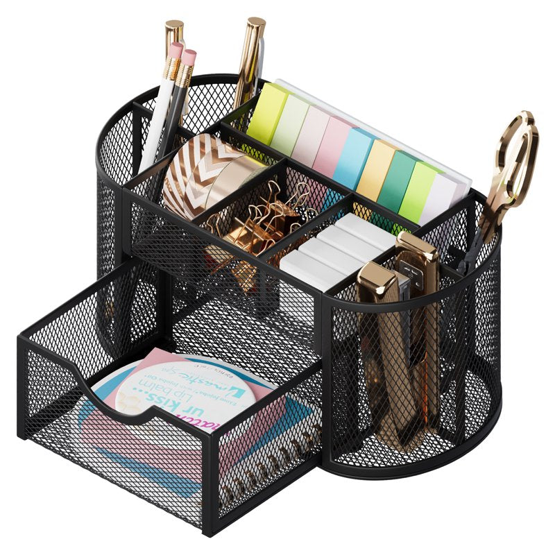 Desk Organizer with Drawers and Pen Holder - Mesh Office Storage, Black