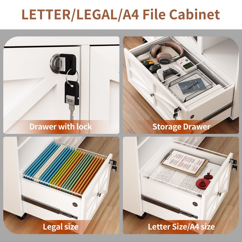 2-Drawer Lateral File Cabinet with Lock - Rolling Home Office Storage Fits Letter Legal A4