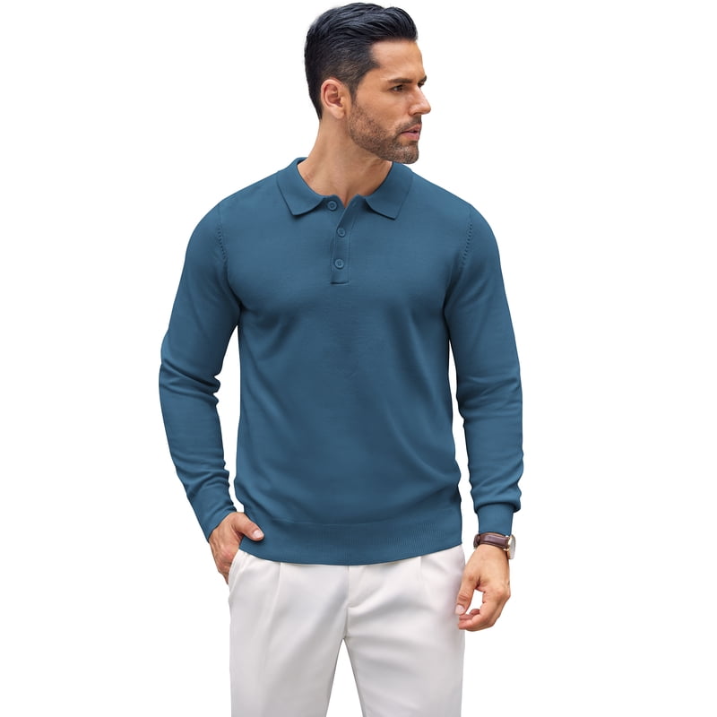 Men's Slim Fit Long Sleeve Polo Shirt with Button-Down Collar and Stretch Knit Fabric