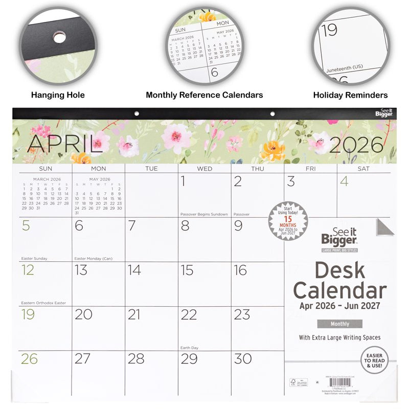 Large Floral Desk Pad Calendar 17x22 Inch 15-Month April 2026 - June 2027