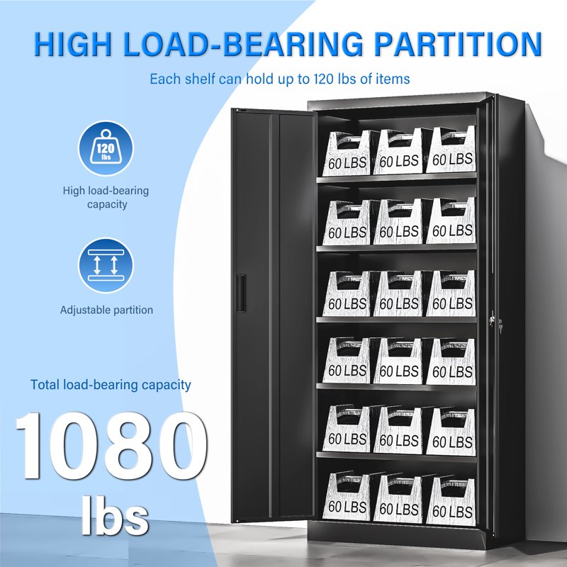 Metal Storage Cabinet with Locking Doors and Adjustable Shelves – 71 Inch Tall, Garage, Home, Office