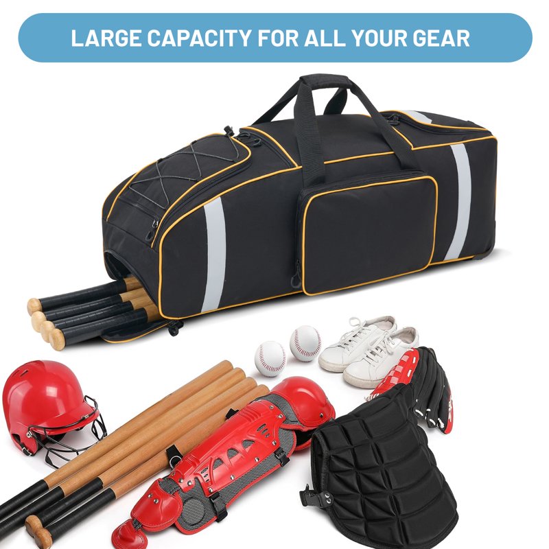 Large Baseball & Softball Catcher Gear Bag with Wheels, 81L Capacity, Multi-Pockets