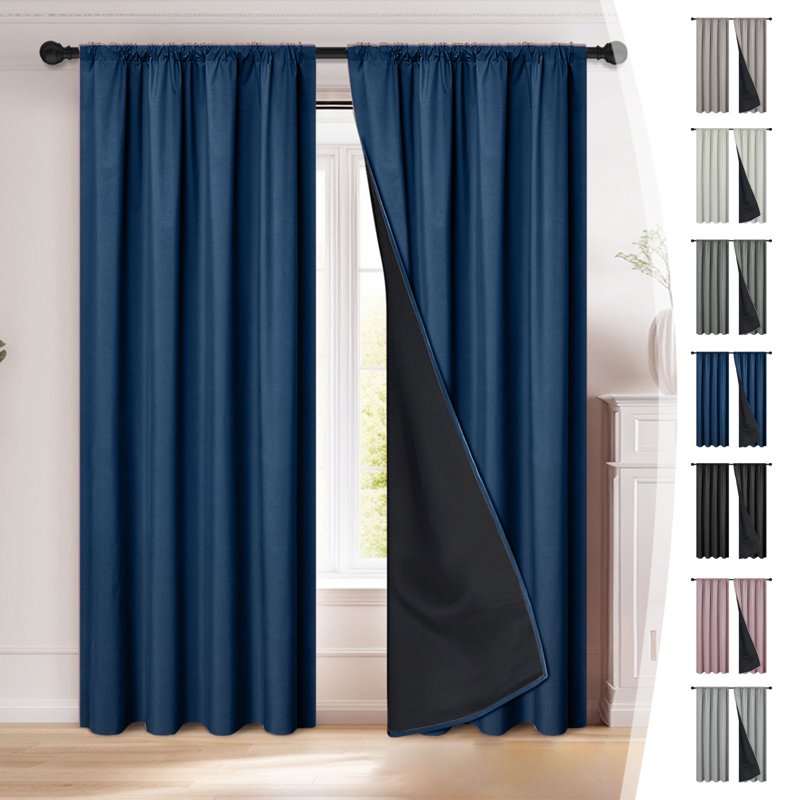 Blackout Curtain Rod-Pull Thermal Insulated Room Darkening Drapes with Black Liner