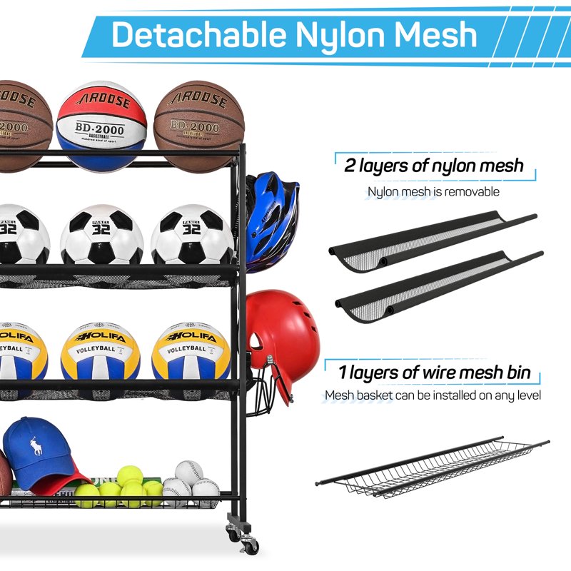 Garage Ball Storage Rack with Wheels for Sports Equipment Organizer