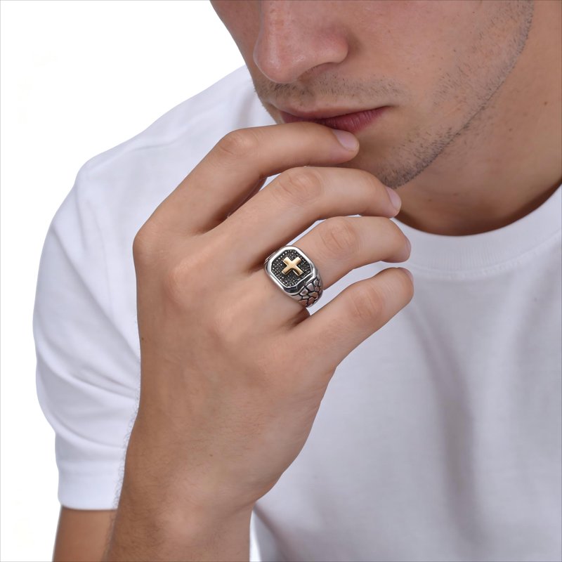 Men's Two Tone Textured Cross Signet Ring Stainless Steel Religious Jewelry
