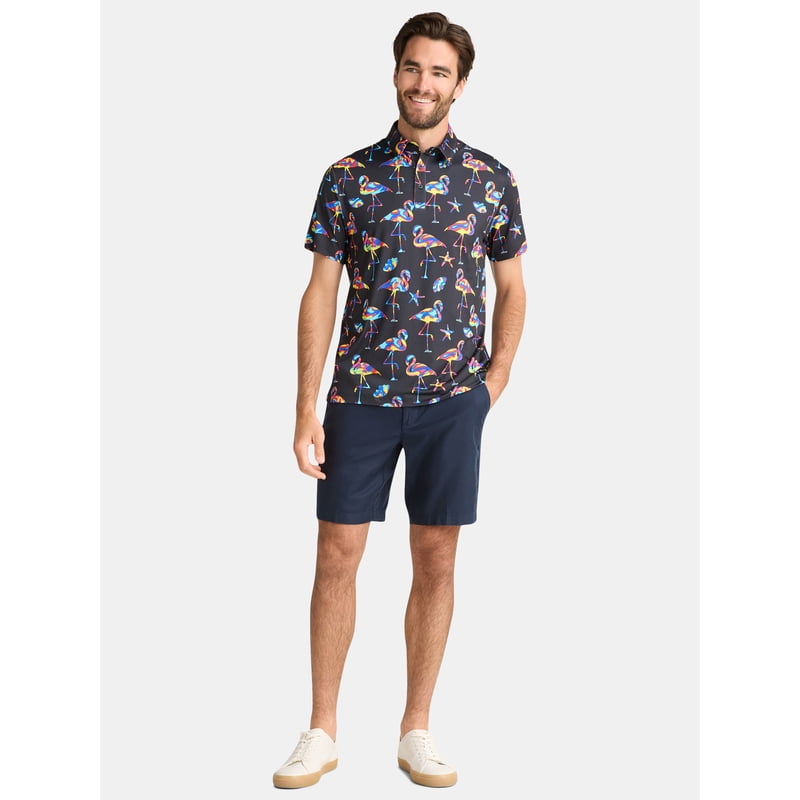 Birdie Bound Men’s and Big Men's Novelty Print Golf Polo Shirt – Black Flamingo, XL (S-5XL)