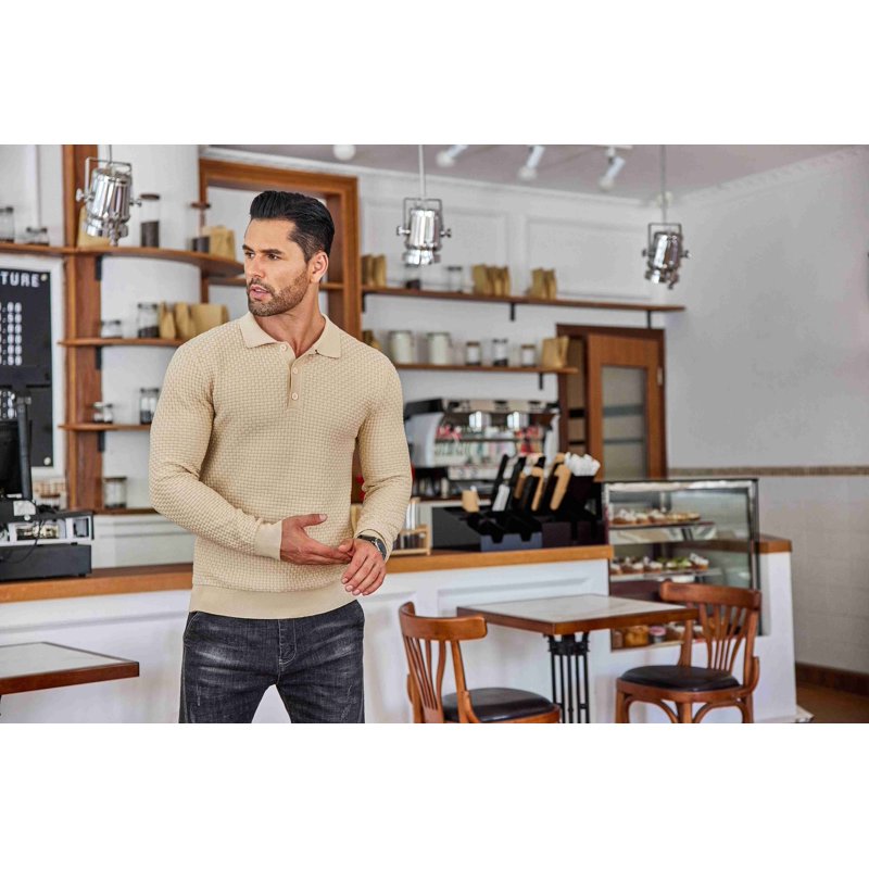 Men's Lightweight Knit Polo Shirt Long Sleeve Casual Collared Sweater