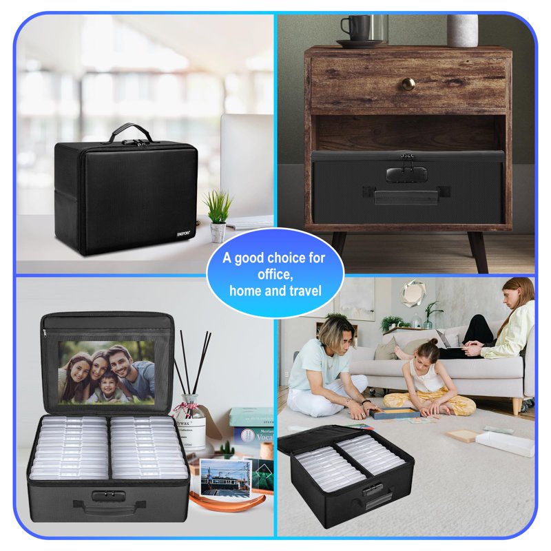 Fireproof Photo Storage Box with Lock and 18 Photo Cases - 4x6 Inch Organizer for Photos, Documents, Valuables