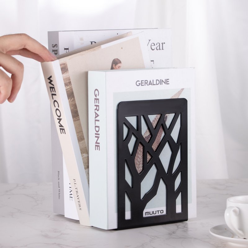Heavy Duty Metal Book Ends - Tree Design Black Bookends for Shelves, 2 Pack