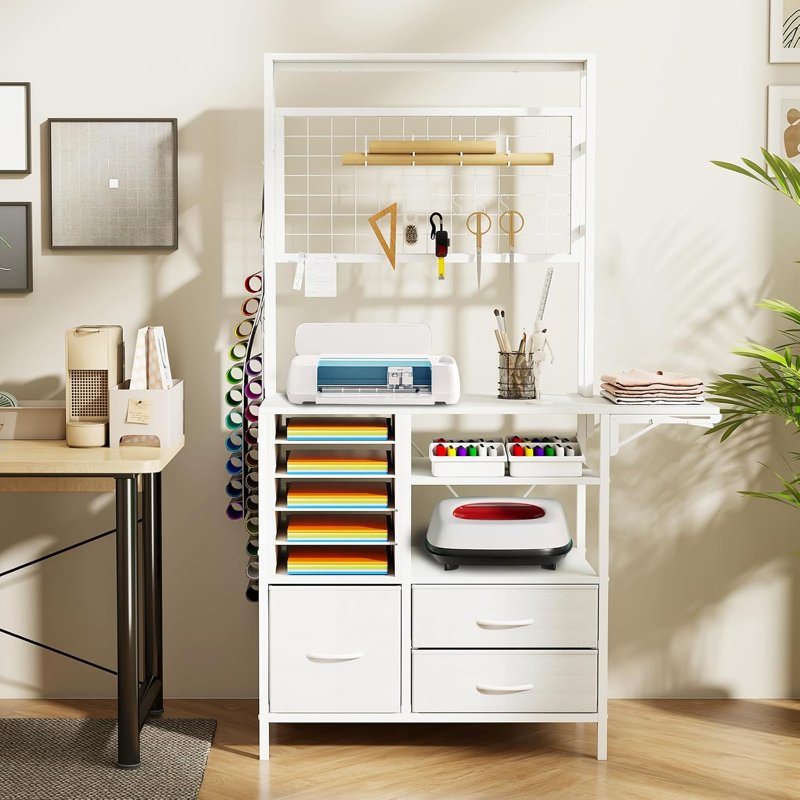L-Shaped Craft Storage Cabinet with Fold-Out Workbench & Vinyl Holders