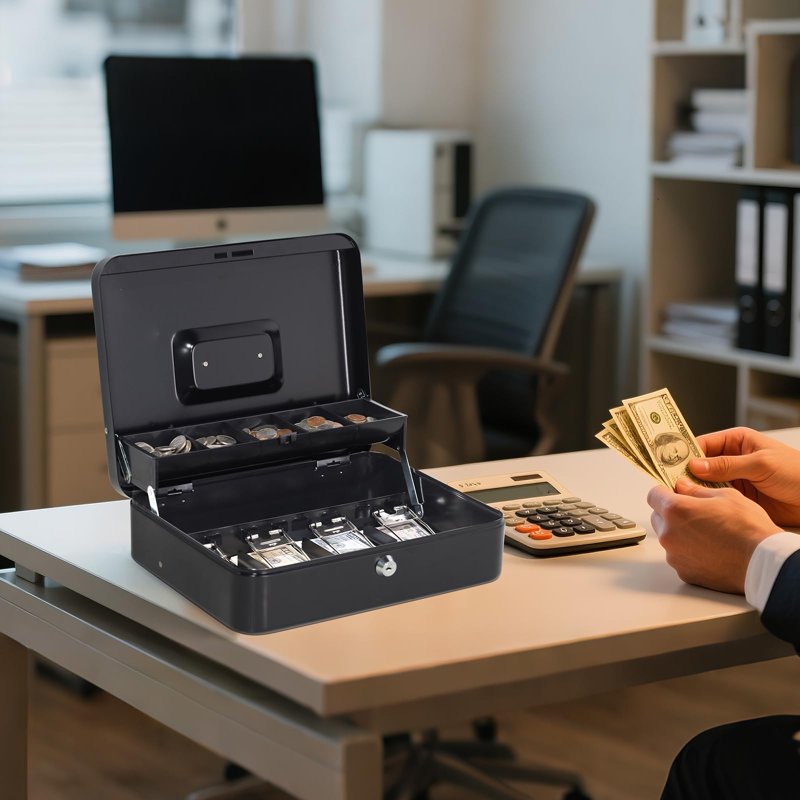 Large Cash Box with Lock and Money Tray - Secure Money Organizer 11.8L x 9.5W x 3.5H Inches, Black