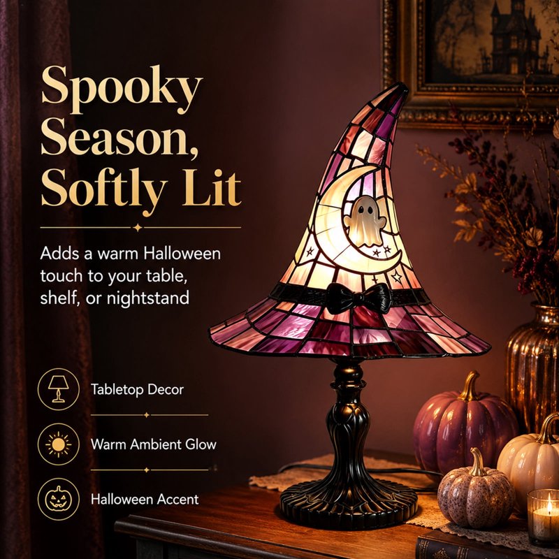 Stained Glass Witch Hat Lamp - Halloween Gothic Table Decor Night Light 11 Inch