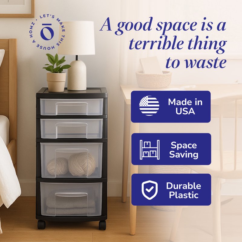 Black Plastic 4-Drawer Storage Container Organizer - Home & Closet Use