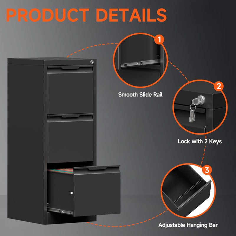 3 Drawer Metal File Cabinet with Lock, Vertical Steel Office Storage