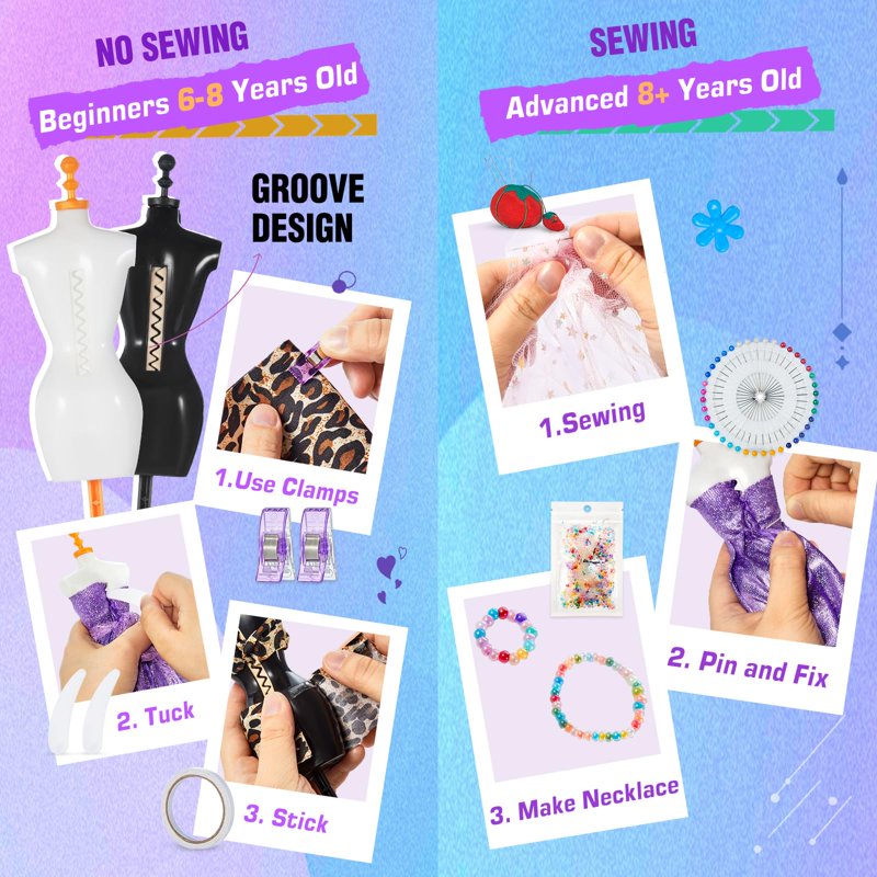 Kids Fashion Designer Craft Kit with Mannequins Sewing Supplies & Accessories