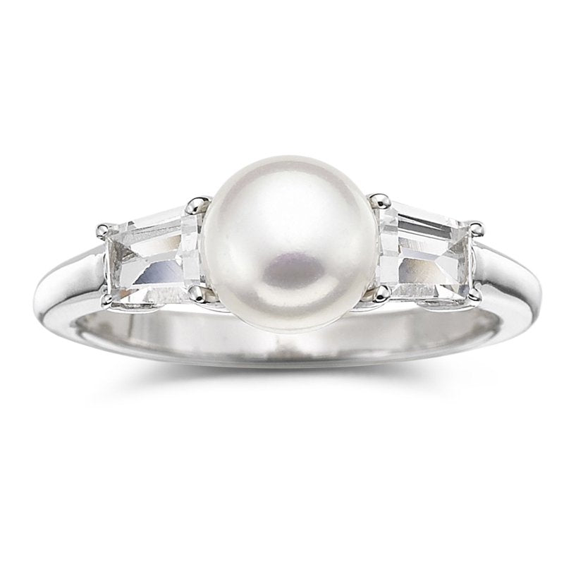 Sterling Silver Freshwater Pearl & White Sapphire Ring - Adjustable Size