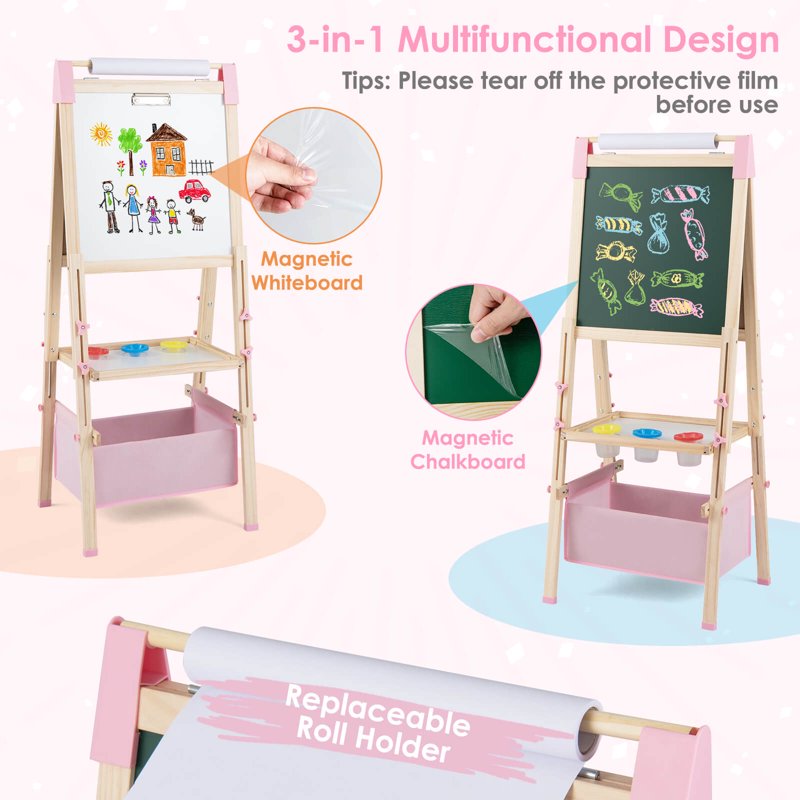 Kids 3-in-1 Wooden Art Easel with Magnetic Whiteboard & Chalkboard Pink