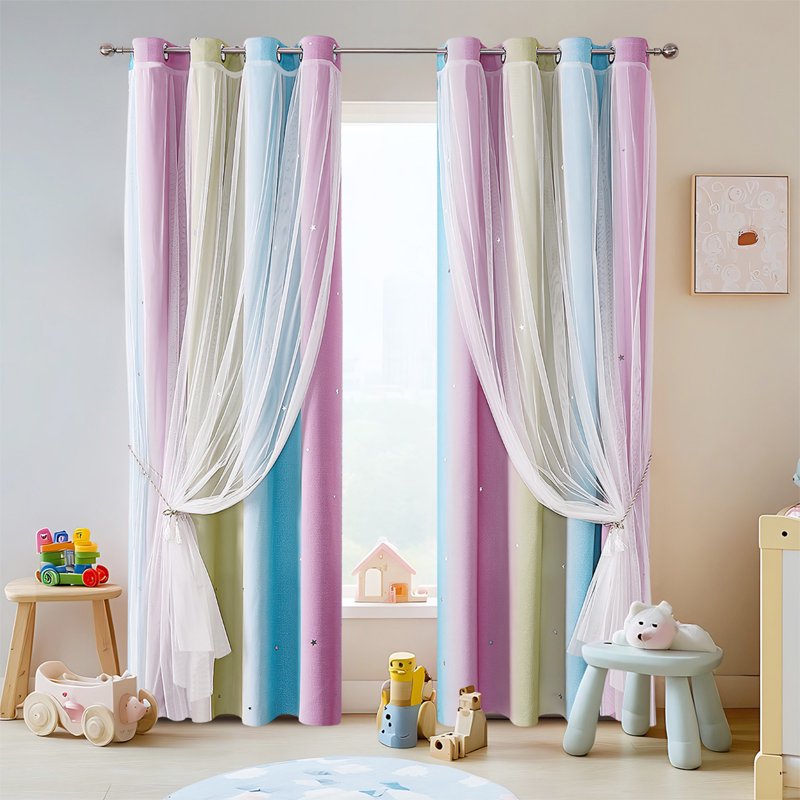 Colorful Rainbow Gradient Stripe Double Layer Blackout Curtain for Girls Bedroom
