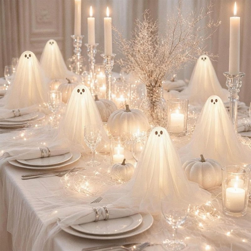 Light Up Halloween Ghost Figurines Set - LED Glowing Spooky Decorations for Indoor Tables and Mantels