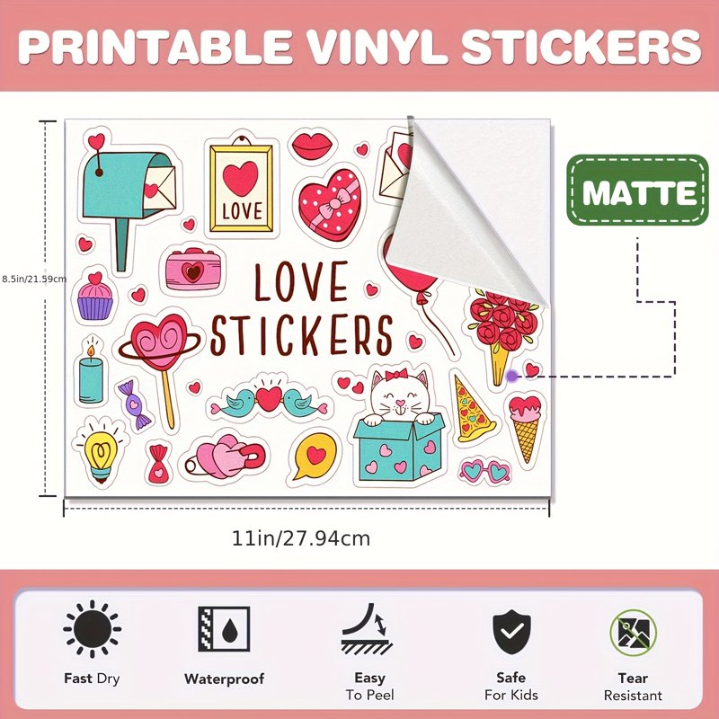 Printable Vinyl Sticker Paper for Inkjet & Laser Printers Waterproof Matte 8.5x11in - 100 Sheets
