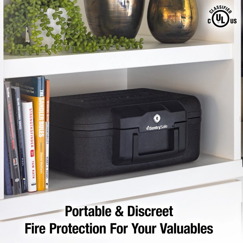 Fire-Resistant Storage Chest with Key Lock, Portable Black Safe, 0.18 Cu Ft