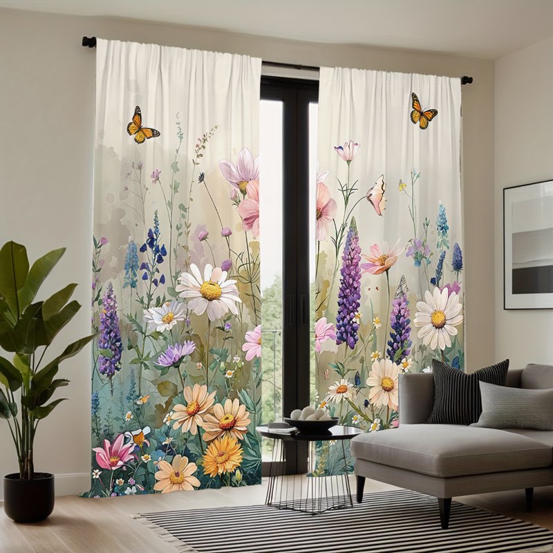 Rustic Wildflower & Weed Light-Filtering Curtains for Bedroom & Living Room - Set of 2 Panels
