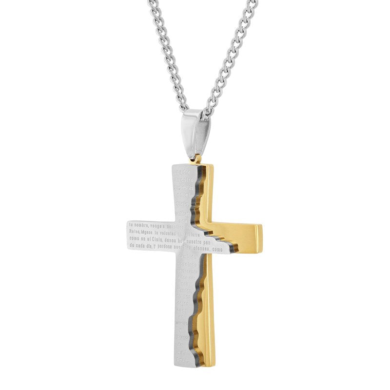 Men's Two-Tone Stainless Steel Cross Pendant with Chain - Faith Jewelry