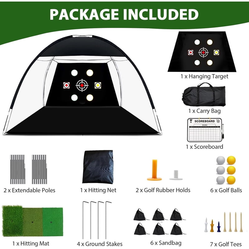 Golf Practice Net 10x7 Ft with Multi-Target Turf Mat Balls & Bag