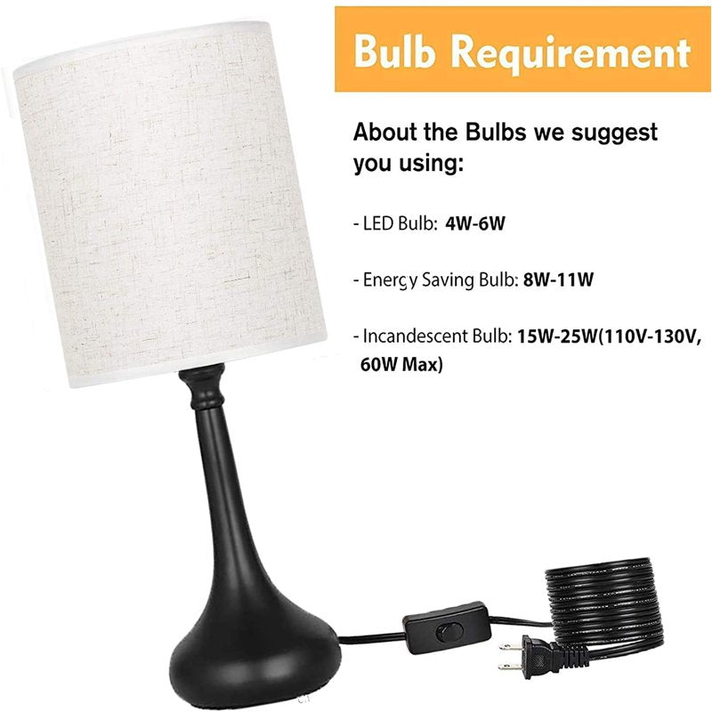 Set of 2 Modern Black Bedside Nightstand Lamps with Linen Shades