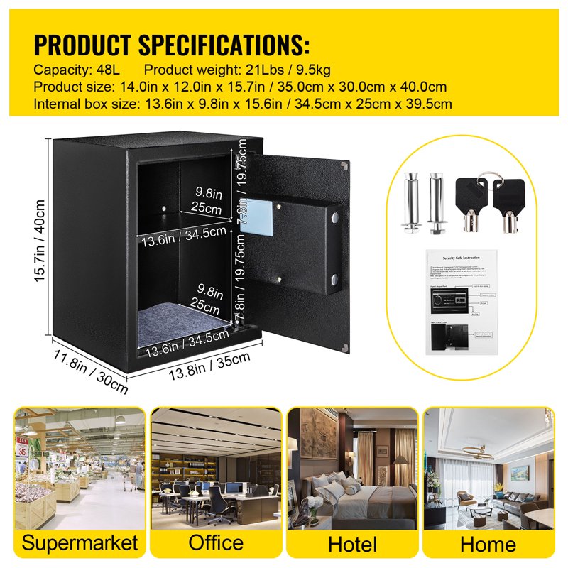 48 L Security Safe with Key, Fingerprint & Password Lock - Black