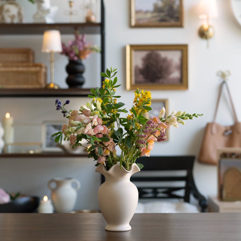 Ceramic Tabletop Vase with Ruffle Edge - Off-White Home Decor Accent