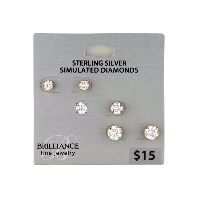 14K Gold Flash Plated Sterling Silver Simulated Diamond Earring Set - Multiple Sizes