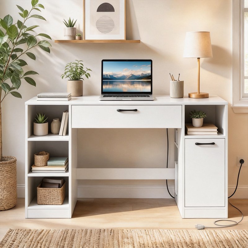 53-Inch Sewing Table with Power Outlets, Storage Drawers & Removable Shelves - White